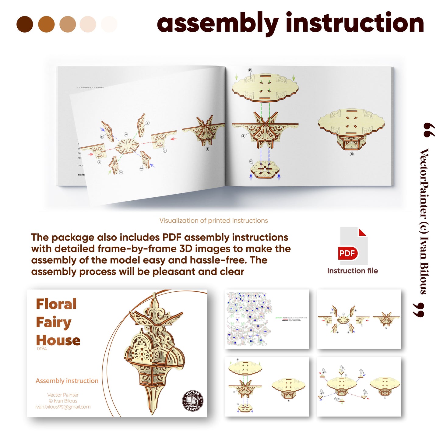 Floral Fairy House Laser cut file assembly instructions with detailed illustrations and PDF file.