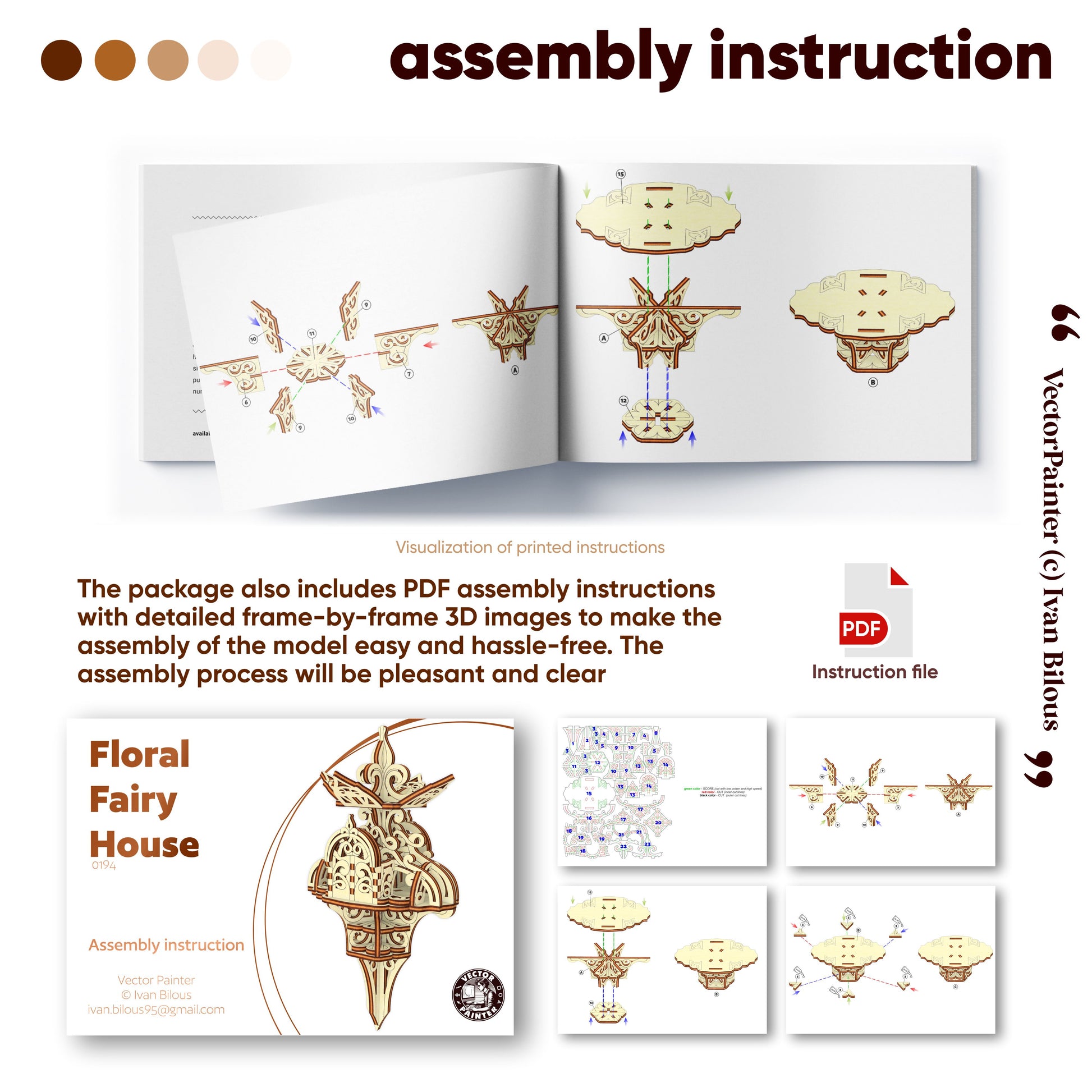 Floral Fairy House Laser cut file assembly instructions with detailed illustrations and PDF file.