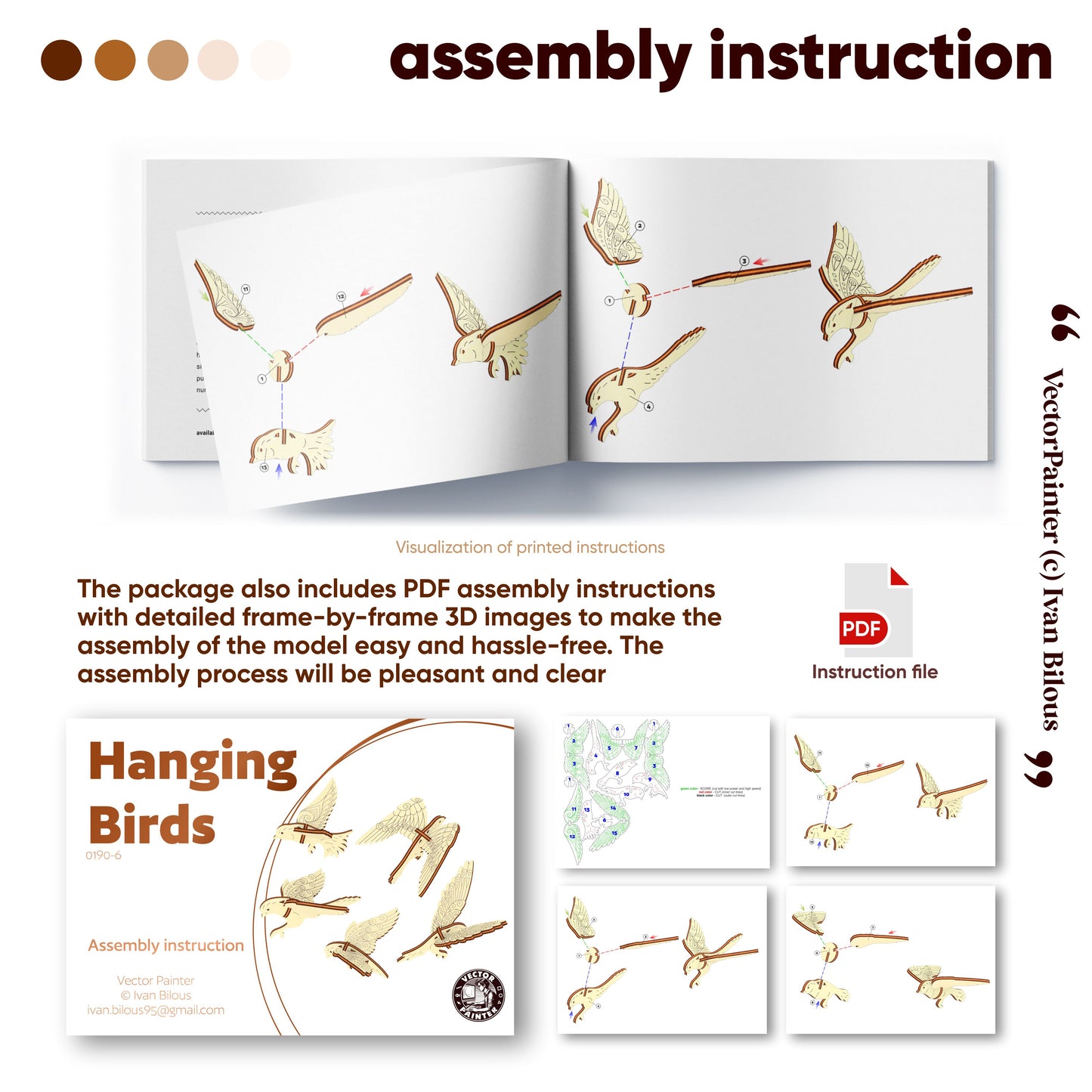 Assembly instructions for laser cut  hanging birds with PDF file included