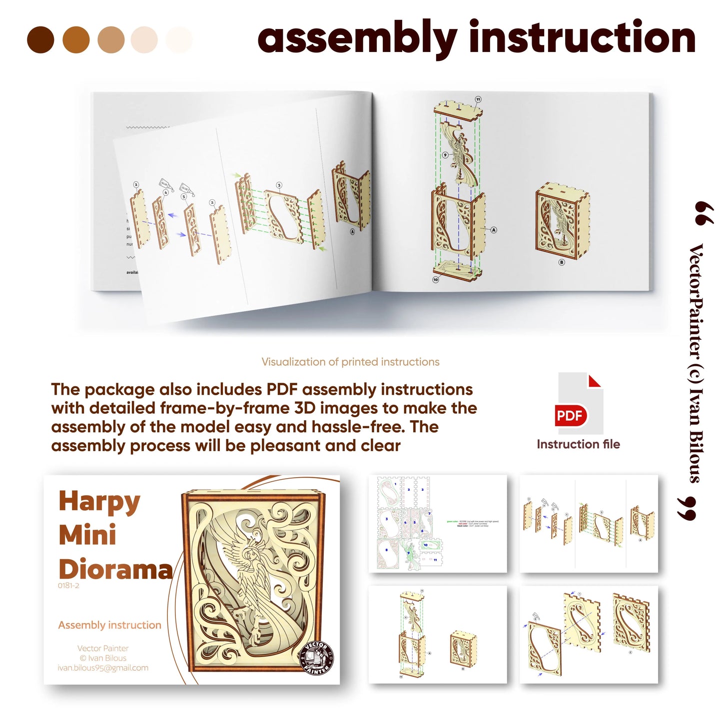Assembly instructions for a Harpy Mini Diorama laser cut file with 3D images and PDF file.