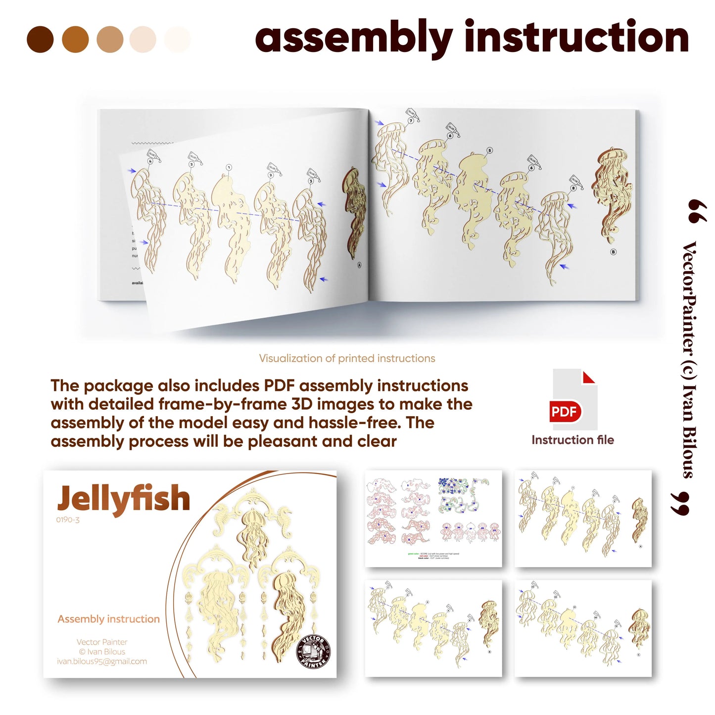 Assembly instruction manual for a jellyfish laser cut model with detailed illustrations and text.