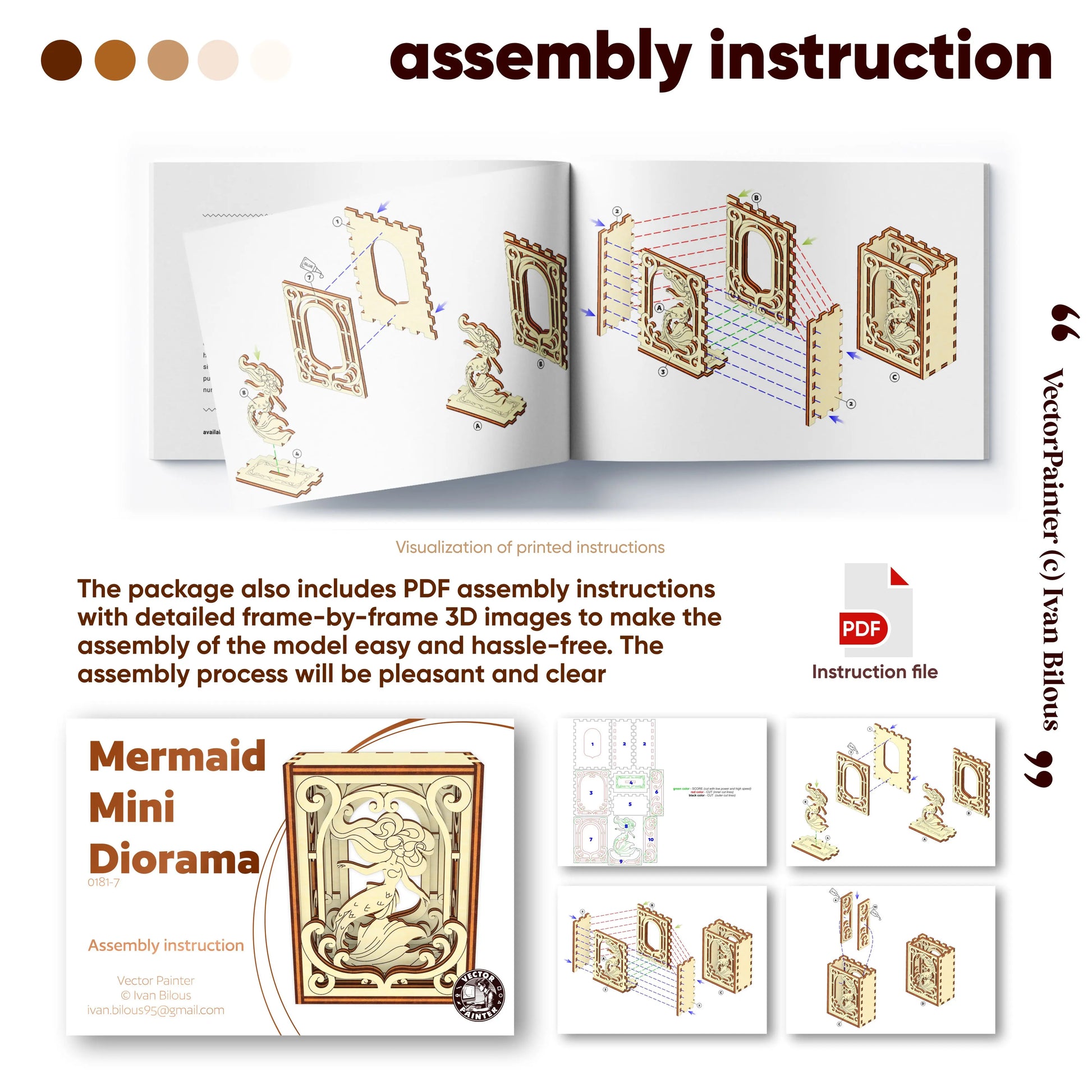 Assembly instruction manual for a mermaid mini diorama with PDF file included.