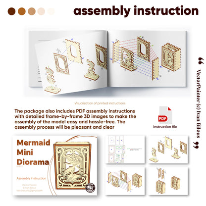 Assembly instruction manual for a mermaid mini diorama with PDF file included.