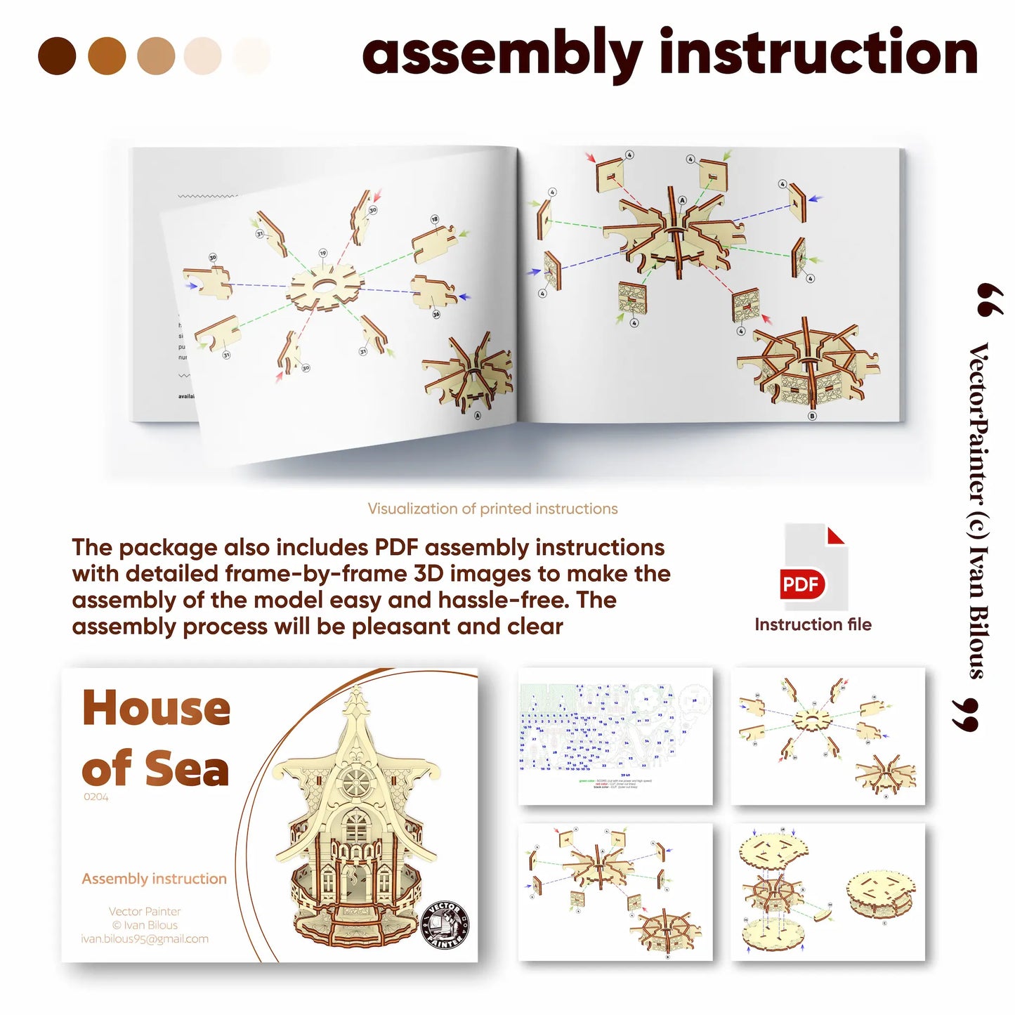 An assembly instruction graphic for a laser cut model, featuring a book cover titled 'House of Sea'