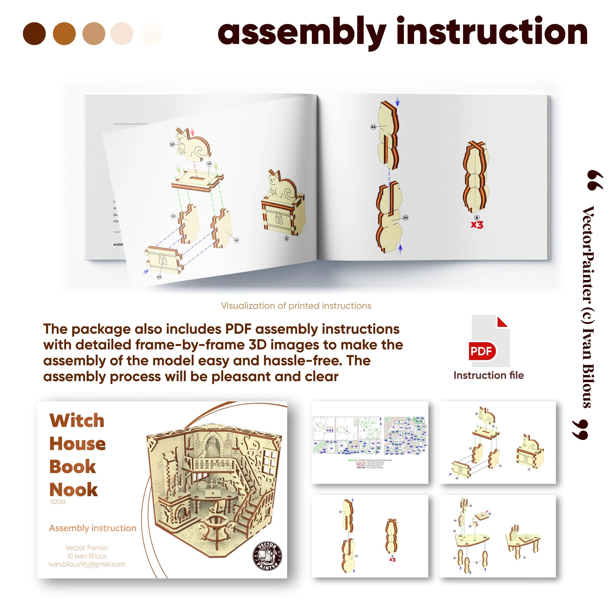 Assembly instructions for a witch house laser cut book nook with detailed illustrations and text.