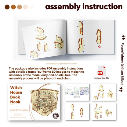 Assembly instructions for a witch house laser cut book nook with detailed illustrations and text.