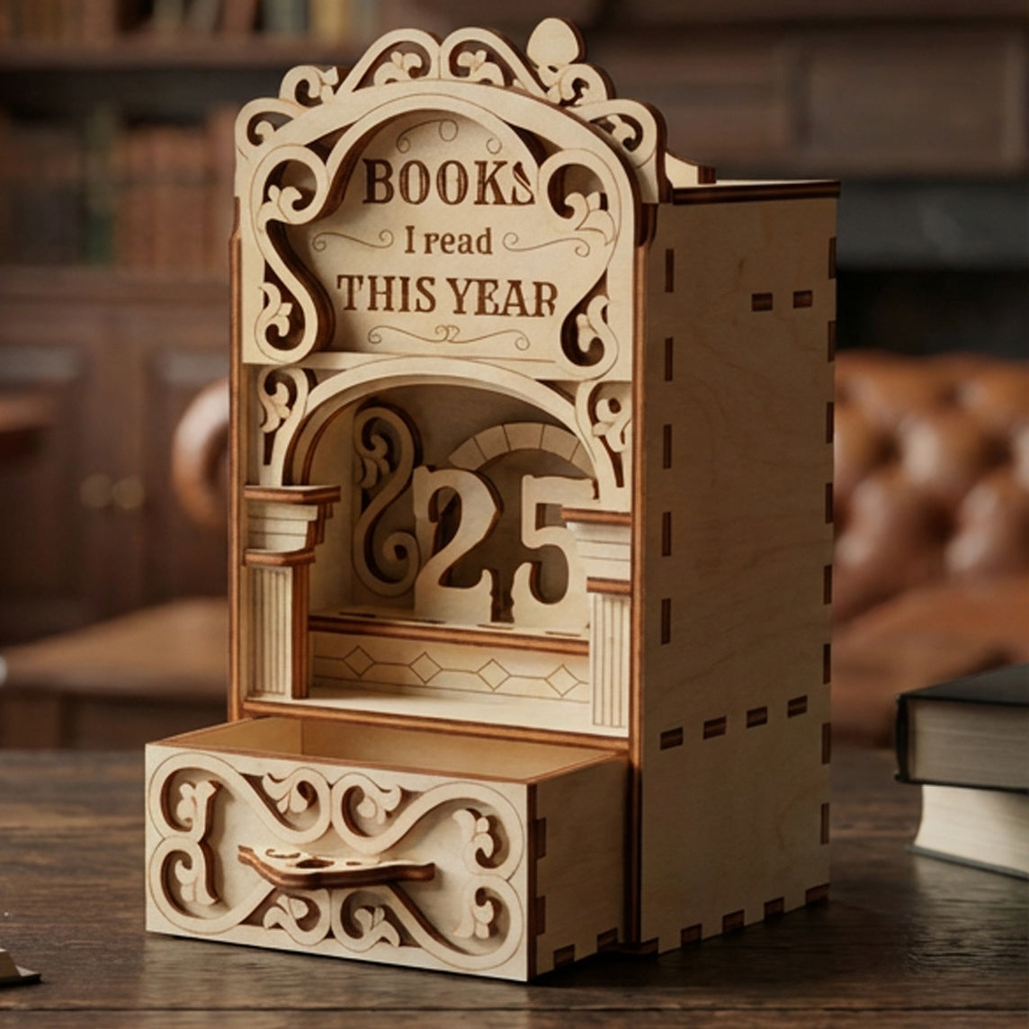 Detailed laser cut book nook digital design with layered wooden elements and number display for tracking yearly reading progress.