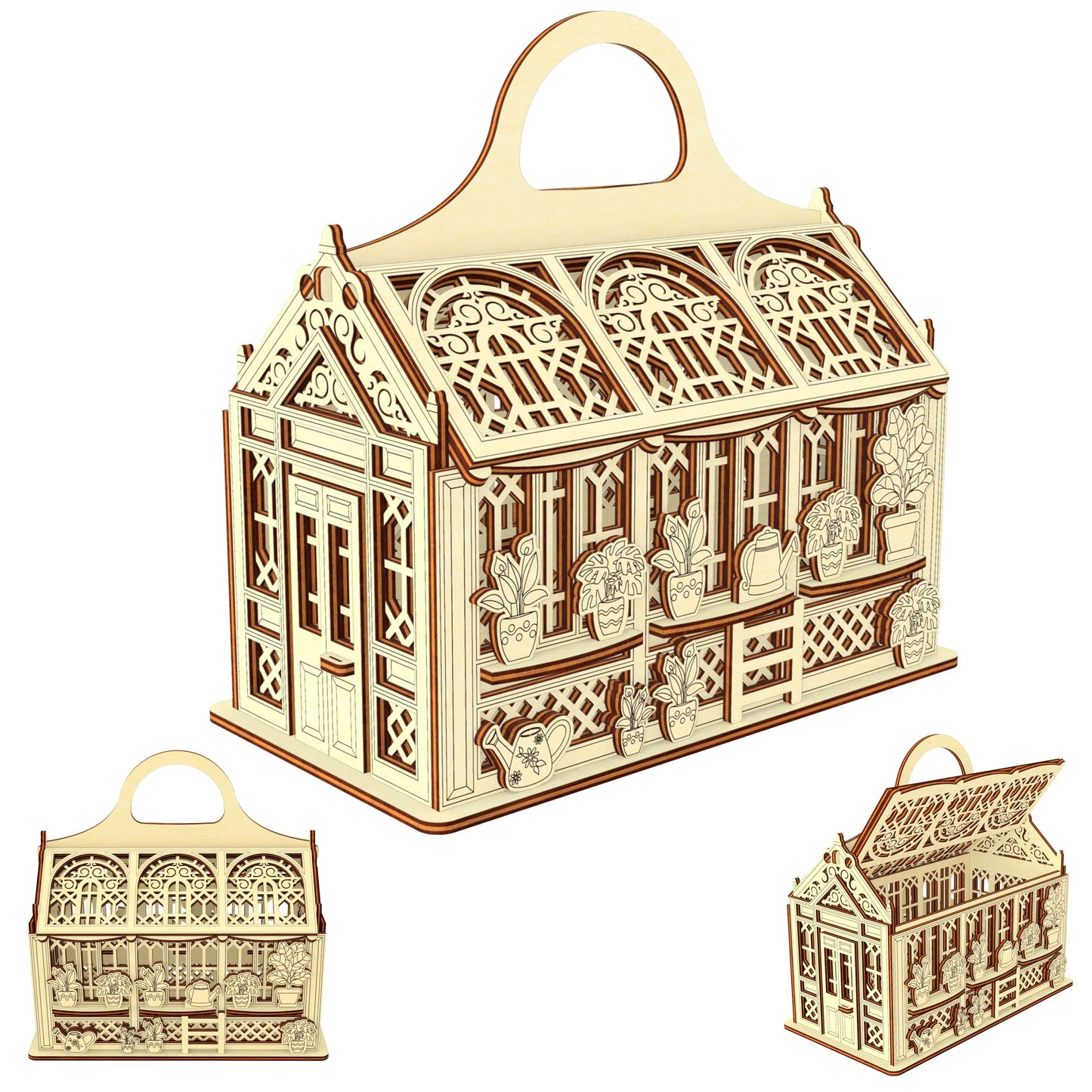 Product collage of a laser cut plywood greenhouse tote bag, displaying three different angles and lid positions.