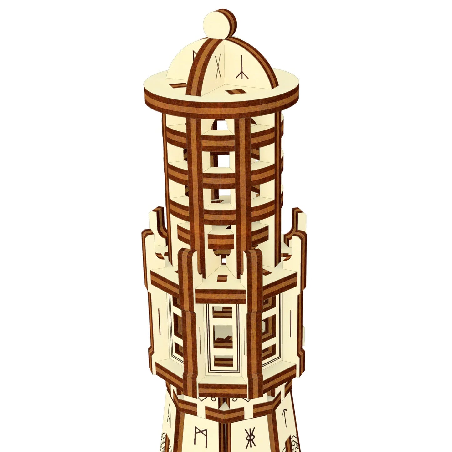 Close up 3D render of the detailed top gallery and dome structure of a runic miniature laser cut plywood lighthouse.