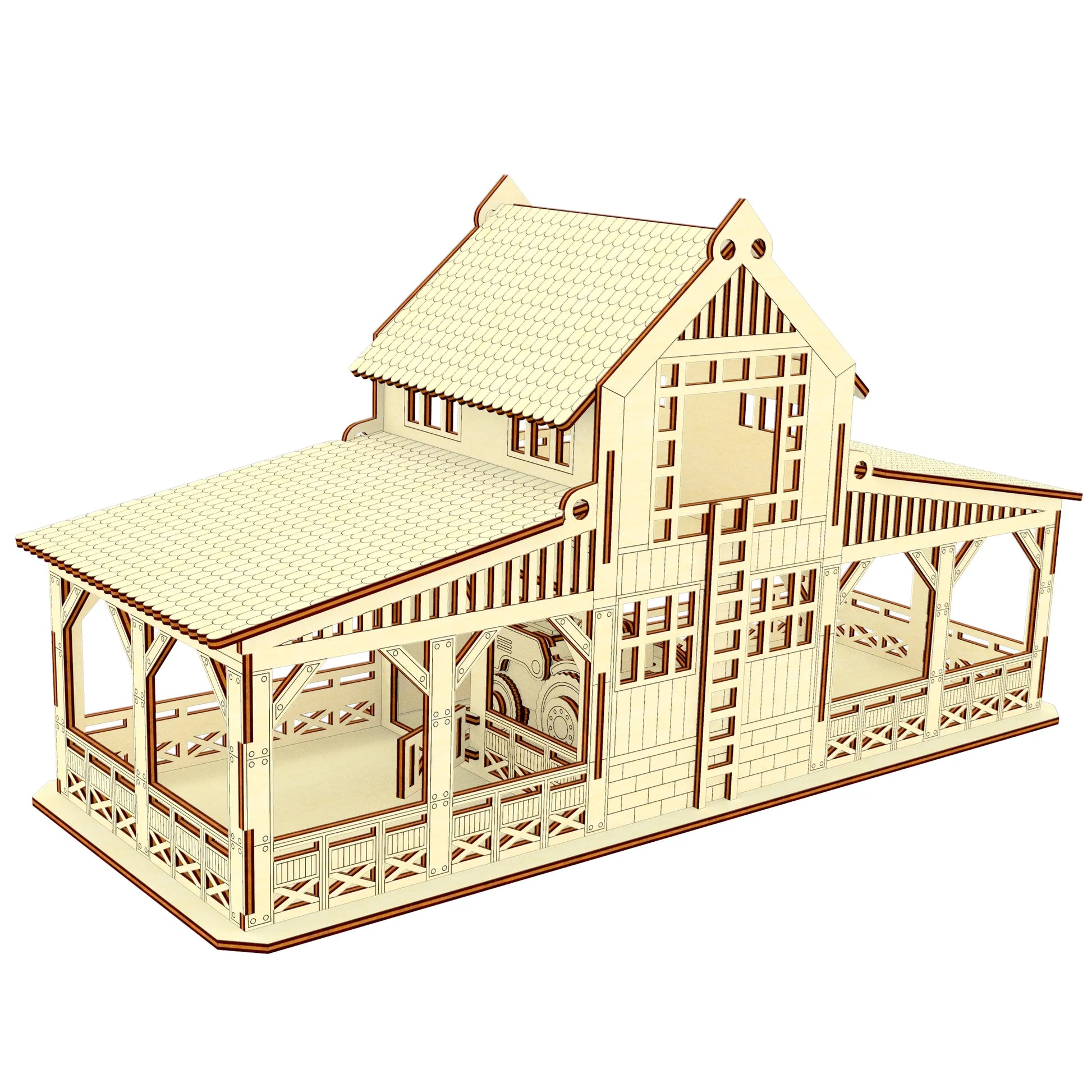 Rear angle 3D render of a toy wooden stable farm building template constructed out of thin laser cut plywood sheets.