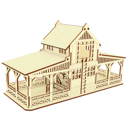 Rear angle 3D render of a toy wooden stable farm building template constructed out of thin laser cut plywood sheets.