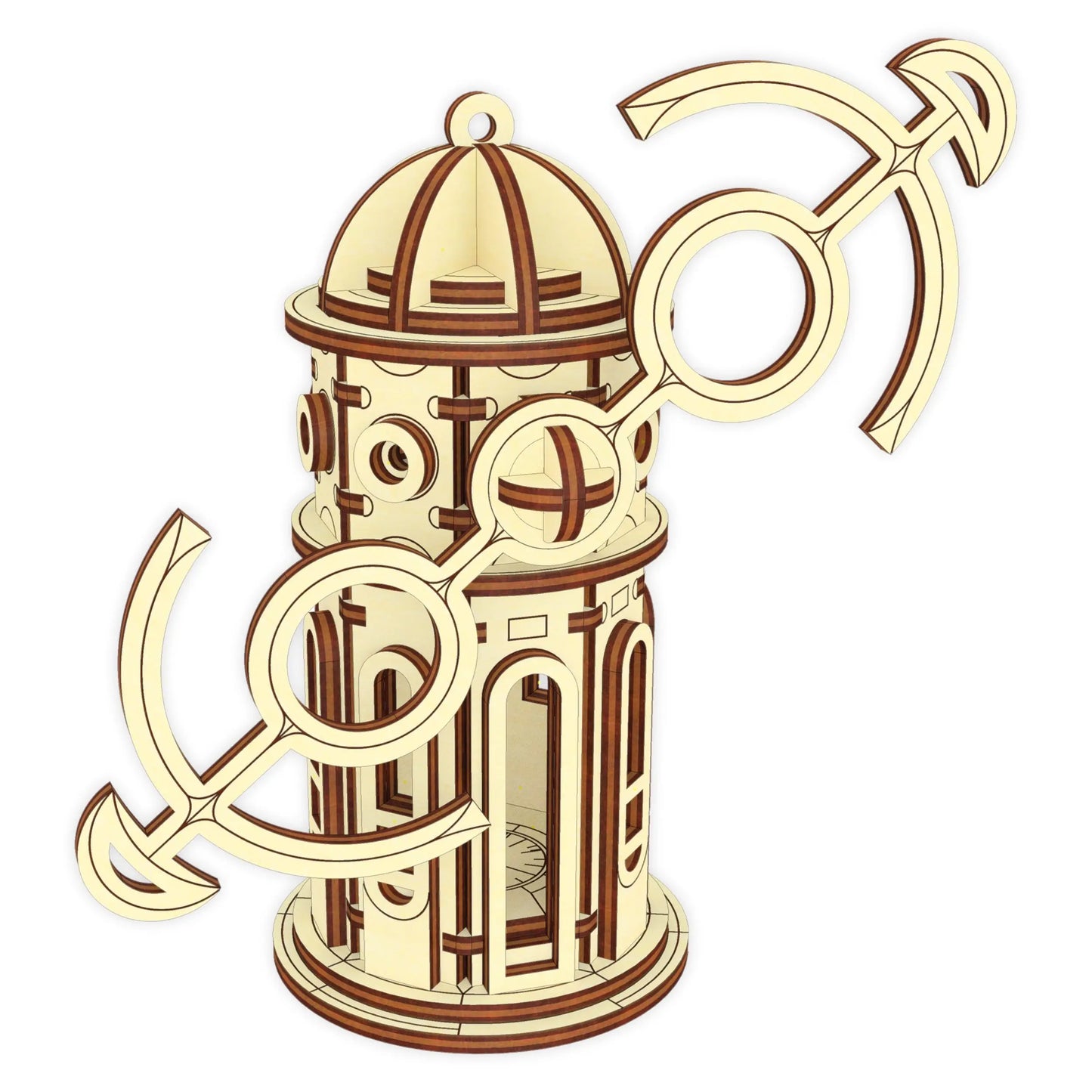 An isolated 3D product render mockup of a beautiful miniature magic village windmill puzzle made from laser cut plywood.