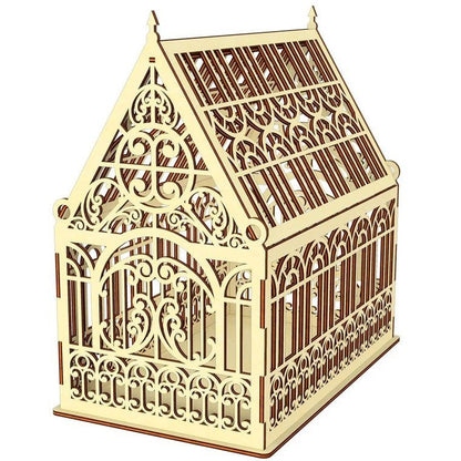 A wooden birdcage with an intricate, decorative design on the roof and sides.