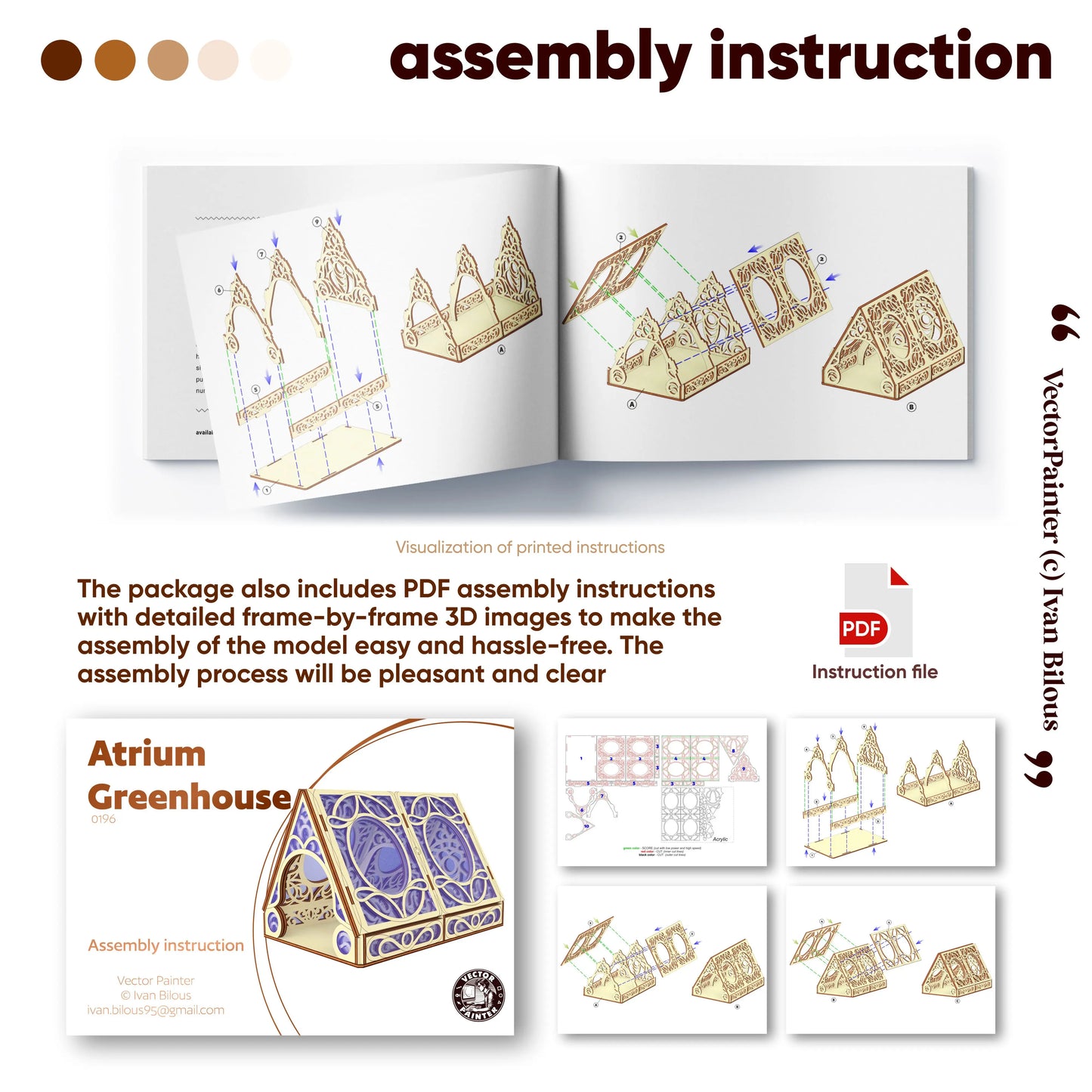 Assembly instruction manual for an Atrium Greenhouse laser cut model with diagrams and text.