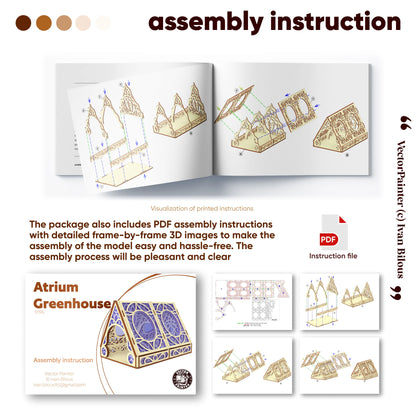 Assembly instruction manual for an Atrium Greenhouse laser cut model with diagrams and text.