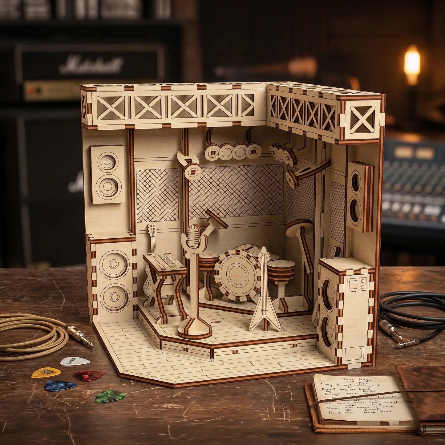 Wooden laser cut model of a music studio with speakers and equipment on a wooden surface.