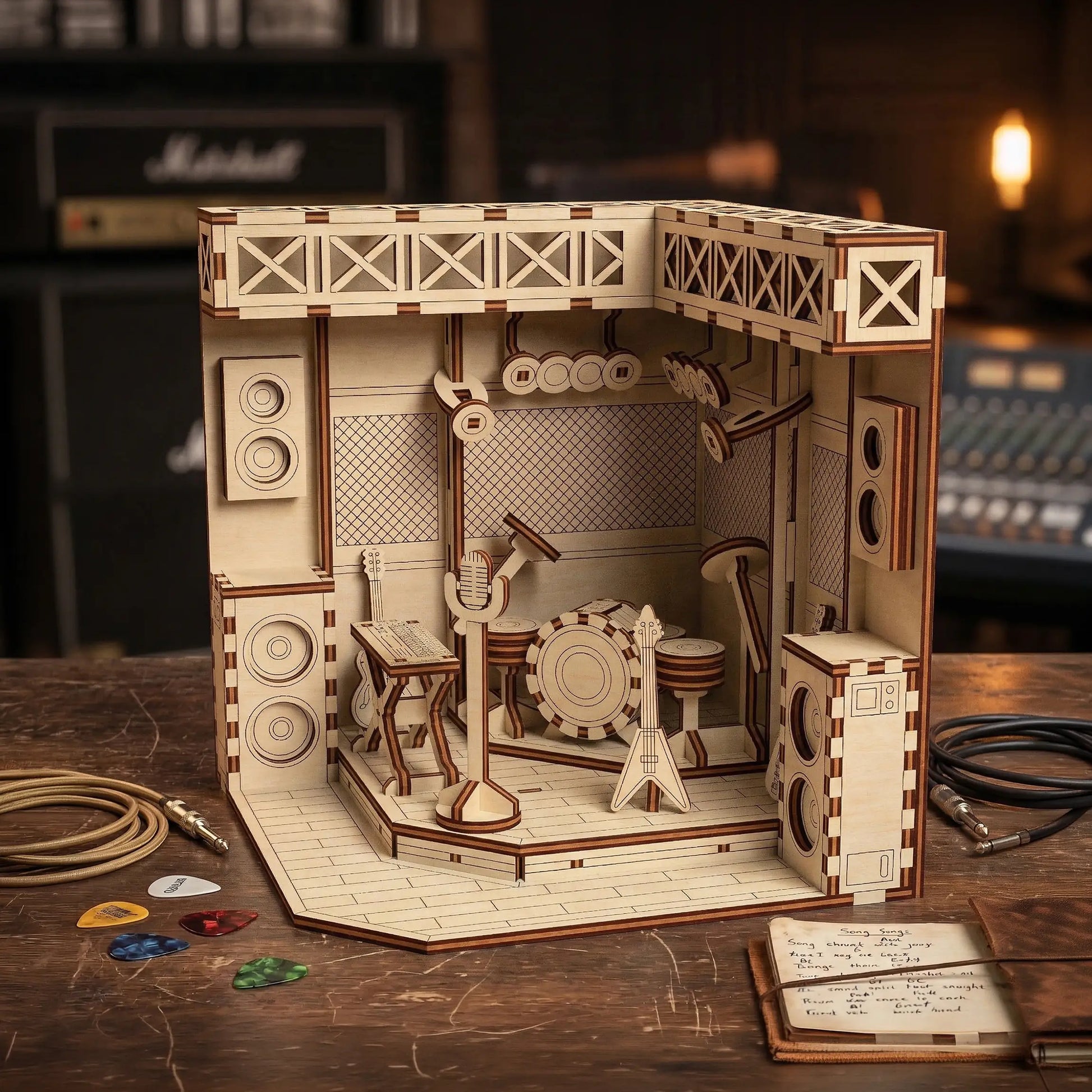Wooden laser cut model of a music studio with speakers and equipment on a wooden surface.