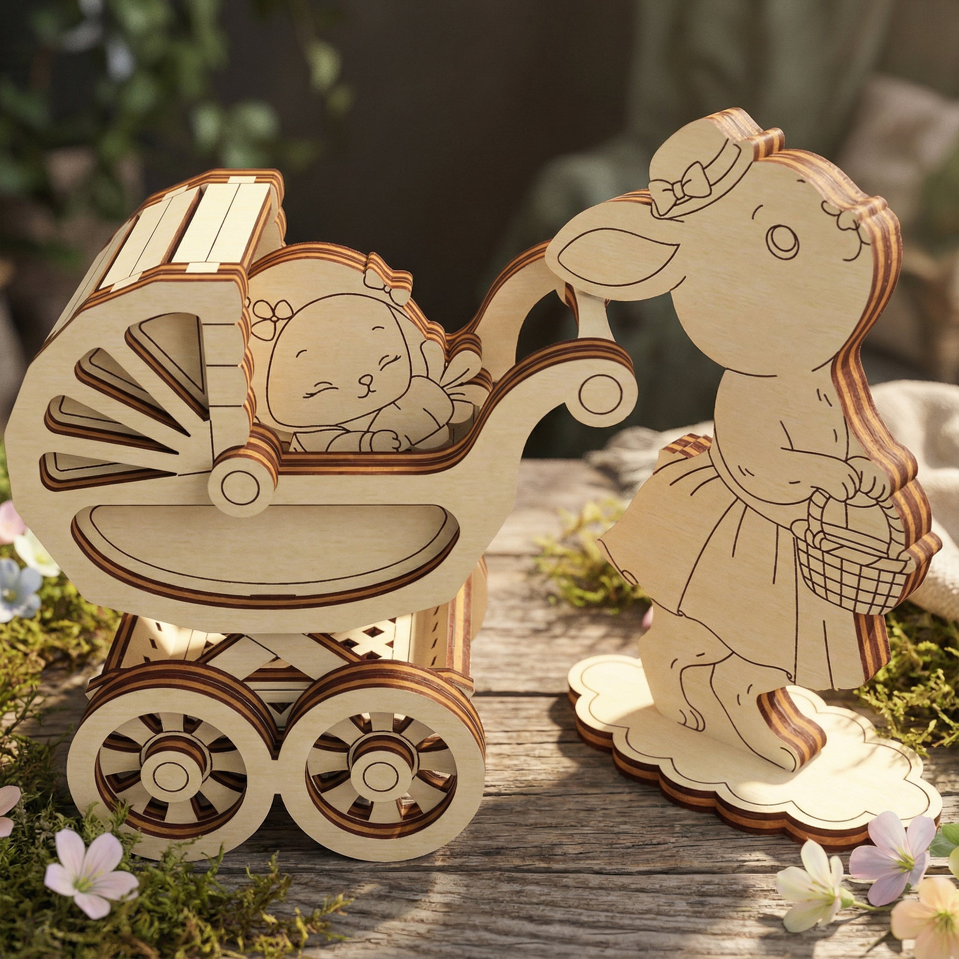 Wooden laser cut baby carriage with a baby figure and a rabbit figure holding a basket on a wooden surface.