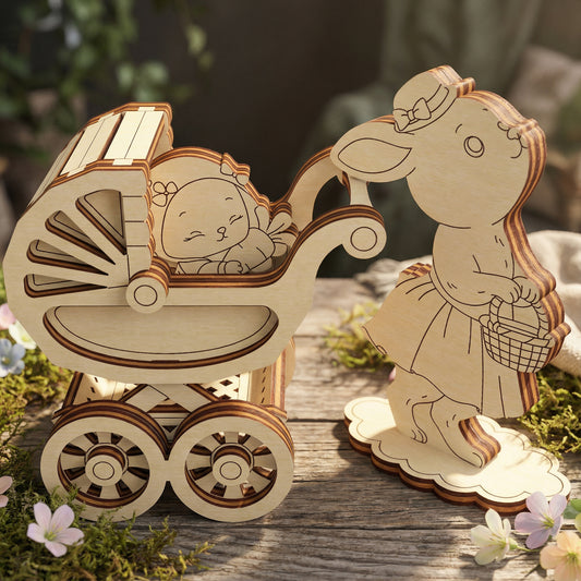 Wooden laser cut baby carriage with a baby figure and a rabbit figure holding a basket on a wooden surface.