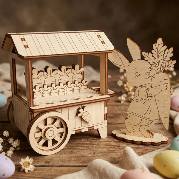 Wooden laser cut Easter display with a cart and rabbit figure on a wooden surface.