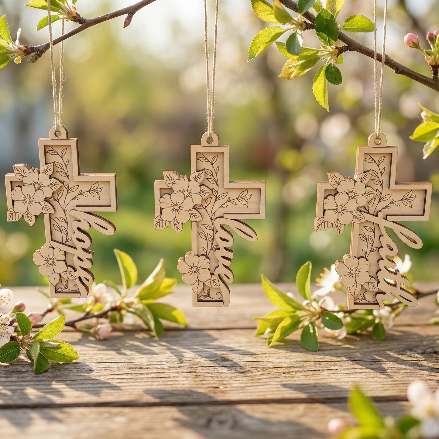 Three wooden laser cut cross ornaments with floral designs hanging on a branch with leaves and flowers.