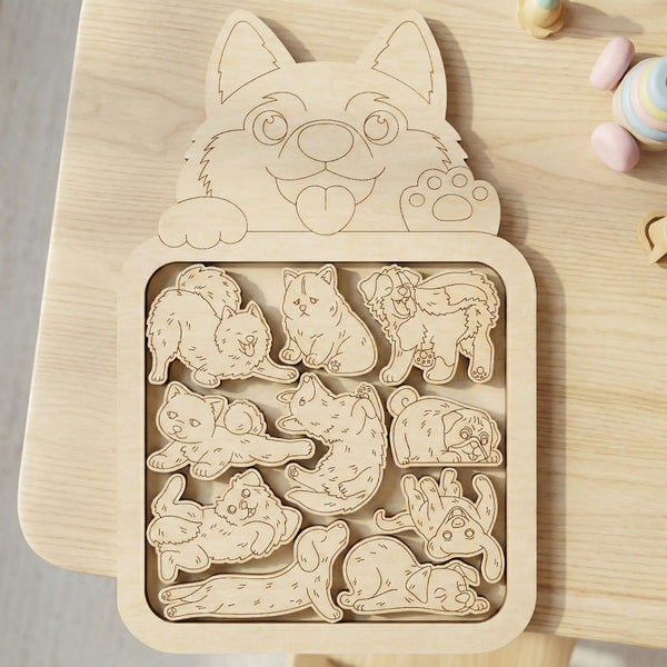 Wooden laser cut puzzle with dog-themed cutouts on a wooden surface
