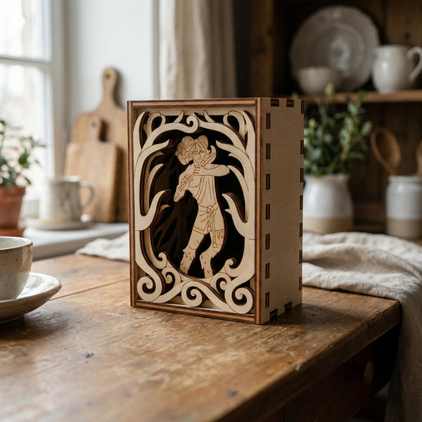Wooden decorative laser cut box with intricate carvings on a wooden table in a cozy room.