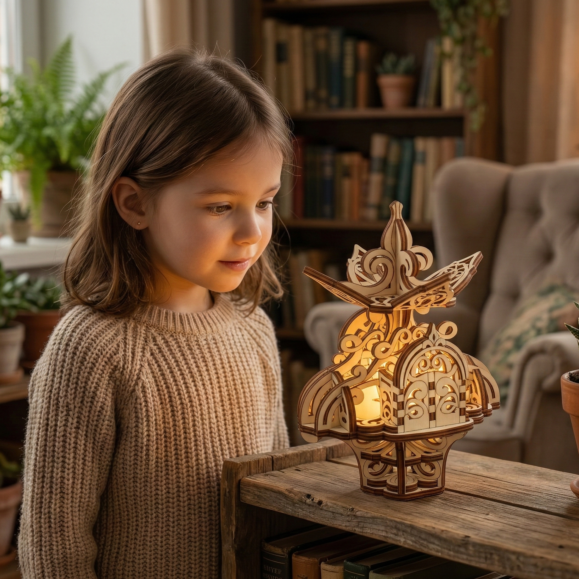 Child looking at a decorative wooden laser cut fairy house in a cozy room with books and plants.