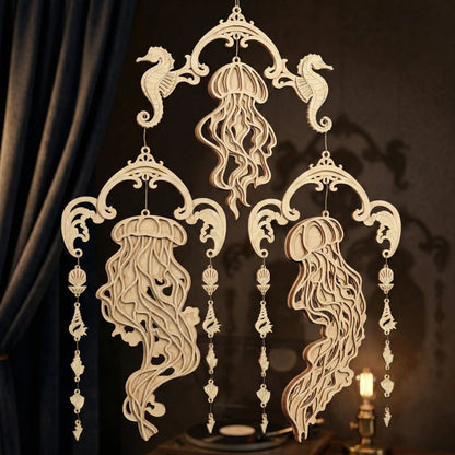 Decorative laser cut wall hanging with jellyfish and seahorse designs on a dark background