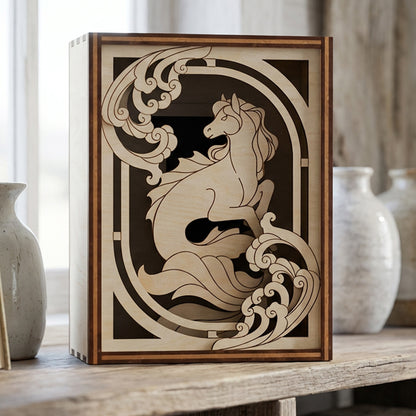 Wooden box with a horse laser cut design on a wooden surface
