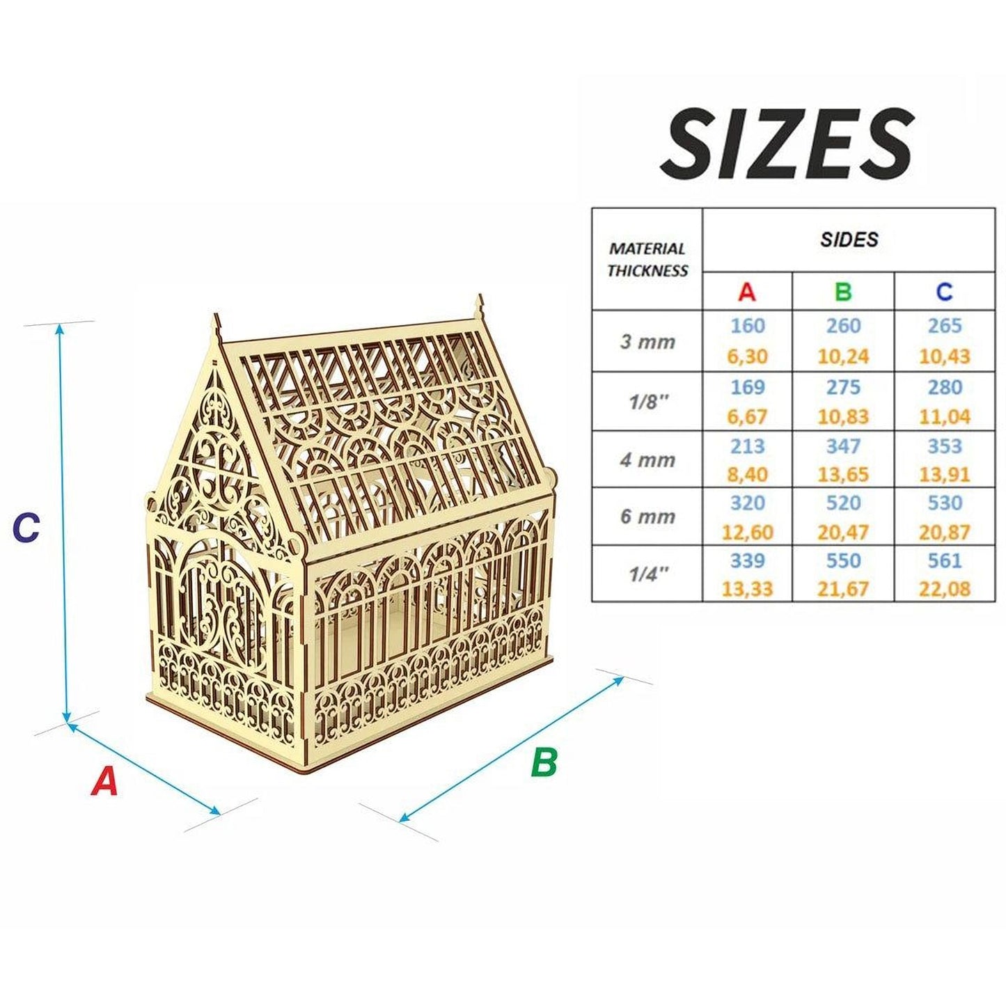 a detailed wood carving of a birdhouse, with measurements and material thicknesses provided.