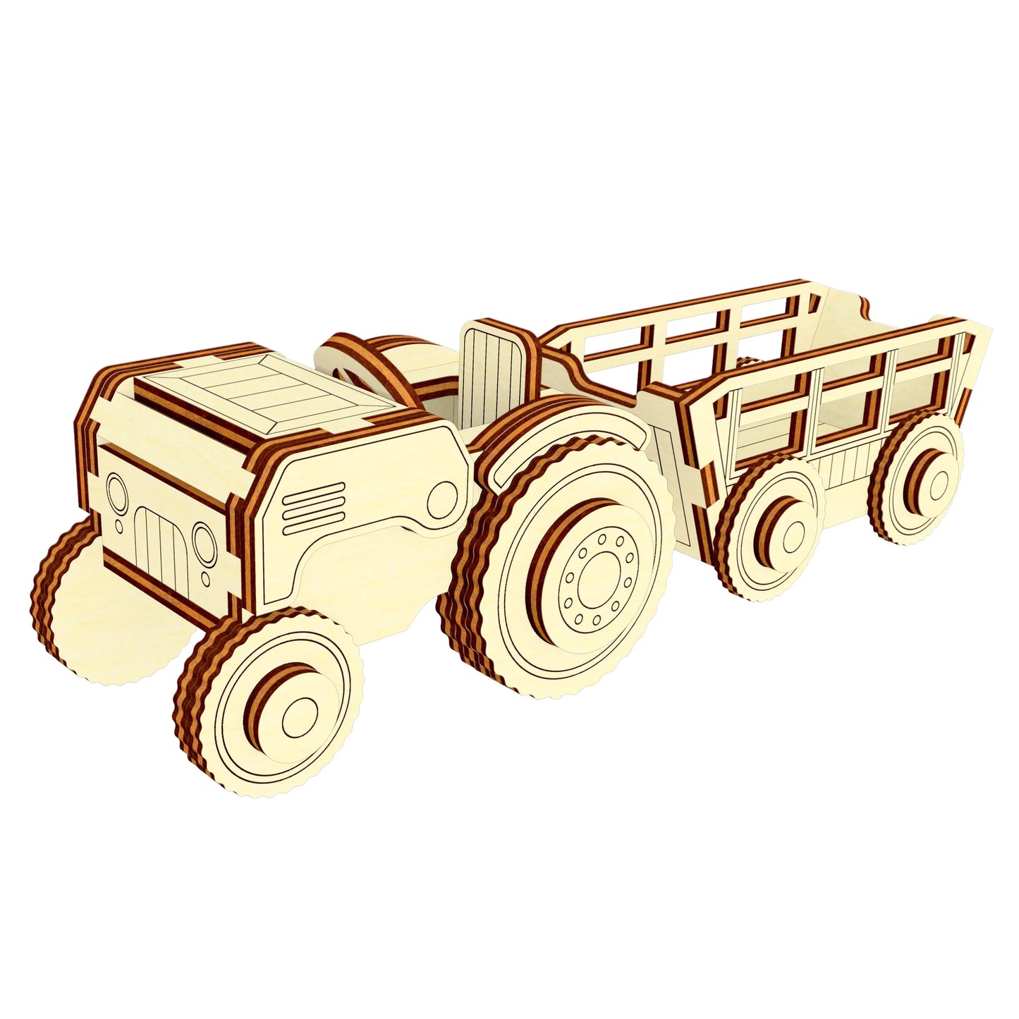 Isometric 3D model render of a miniature farm vehicle with a long utility trailer, made of laser cut plywood.