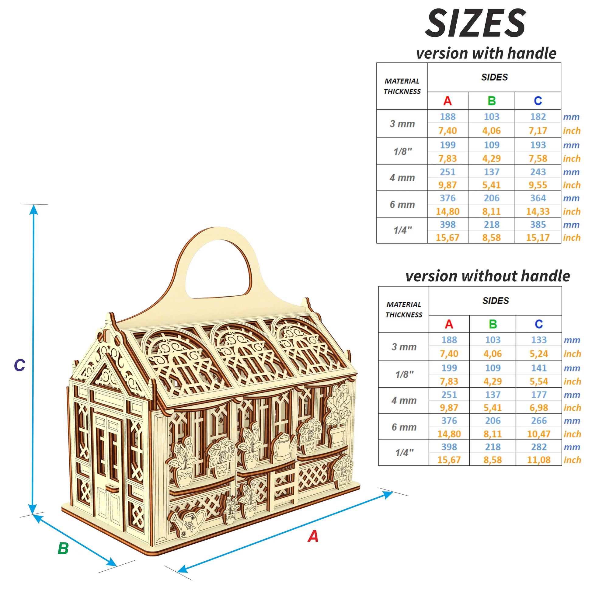 Sizing chart infographic for a laser cut plywood greenhouse casket model, showing measurements for different scales.