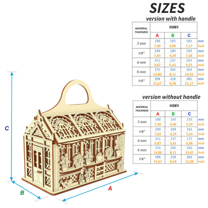 Sizing chart infographic for a laser cut plywood greenhouse casket model, showing measurements for different scales.