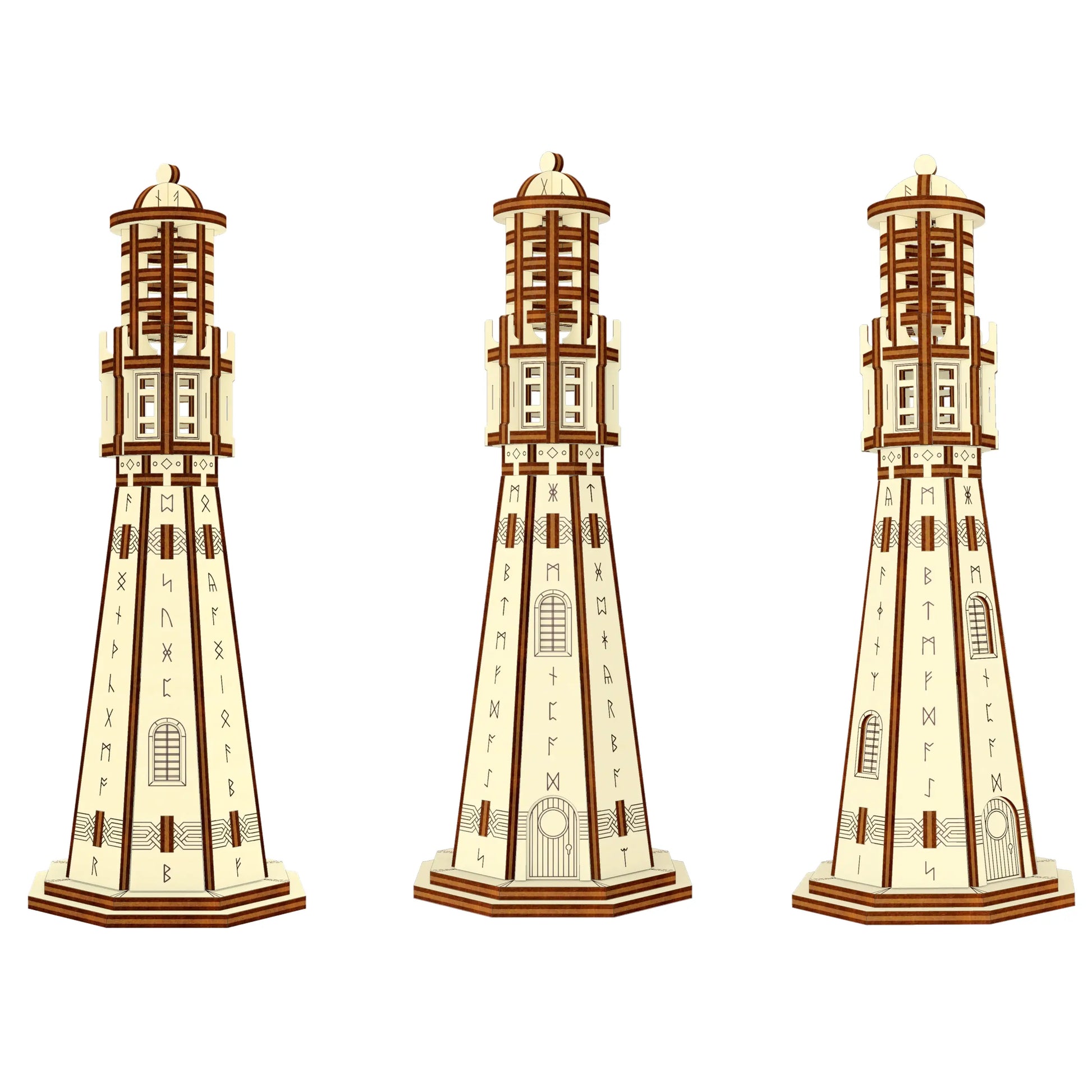 Three diverse side views of an assembled 3D runic lighthouse tower model crafted from fine laser cut plywood.