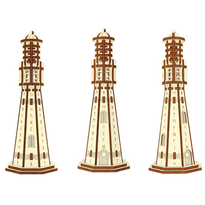 Three diverse side views of an assembled 3D runic lighthouse tower model crafted from fine laser cut plywood.