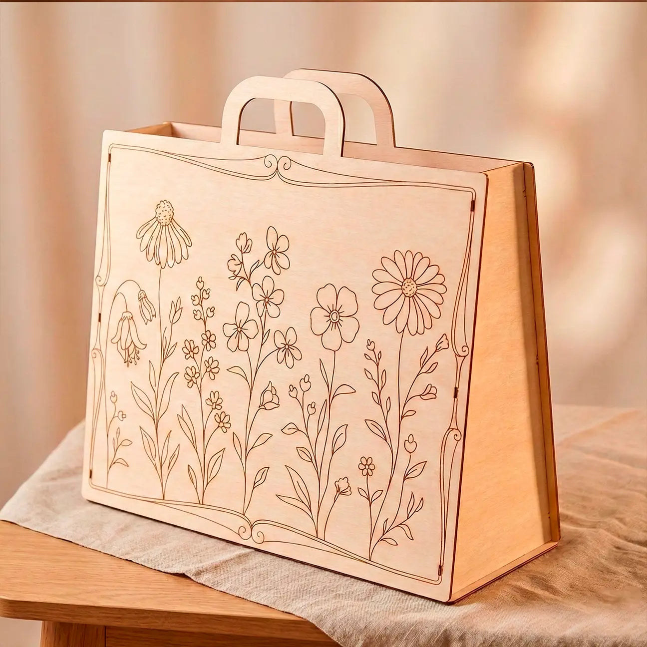 Wooden box with floral designs on a wooden surface