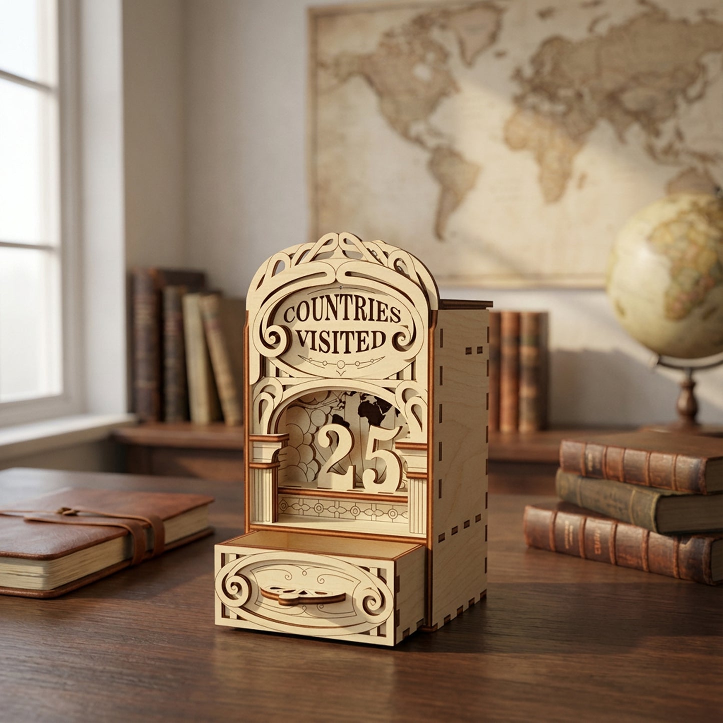 Wooden laser cut counter with 'Countries Visited' display in a room with books and a world map.