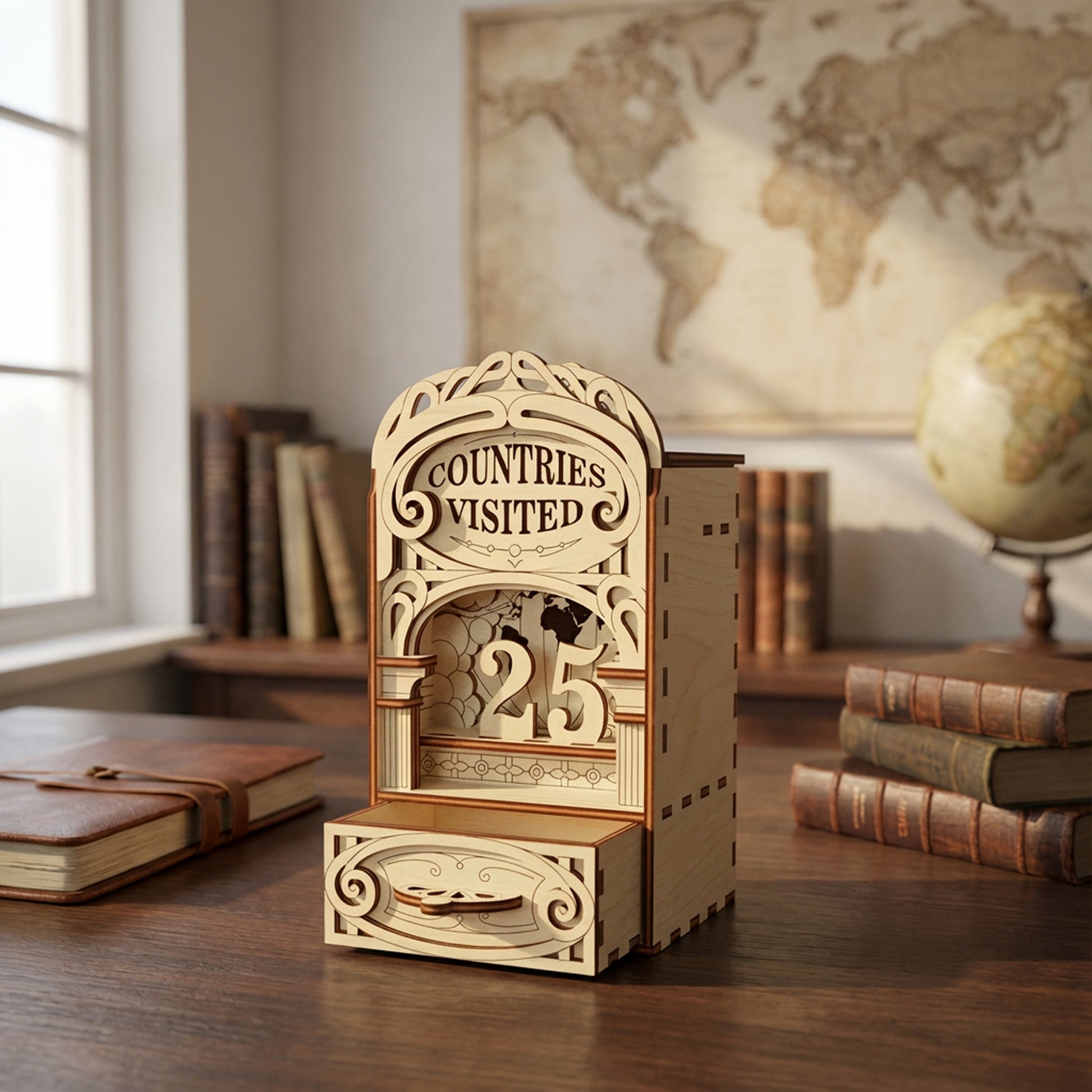 Wooden laser cut counter with 'Countries Visited' display in a room with books and a world map.