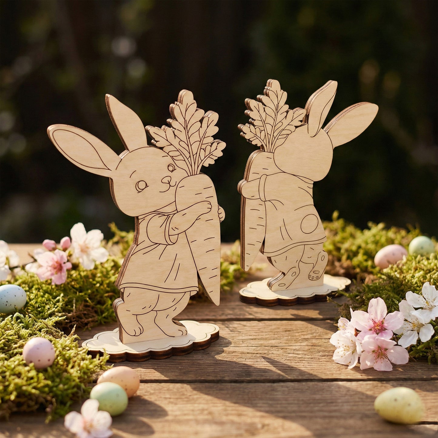 Wooden laser cut rabbit figures holding carrots on a wooden surface with flowers and eggs.