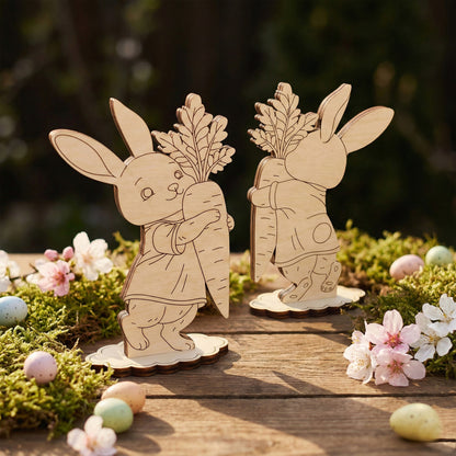 Wooden laser cut rabbit figures holding carrots on a wooden surface with flowers and eggs.