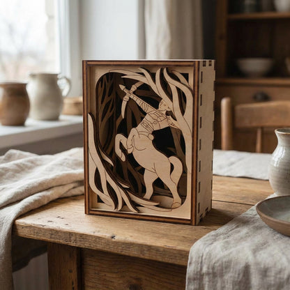Wooden decorative box with laser-cut design on a wooden table