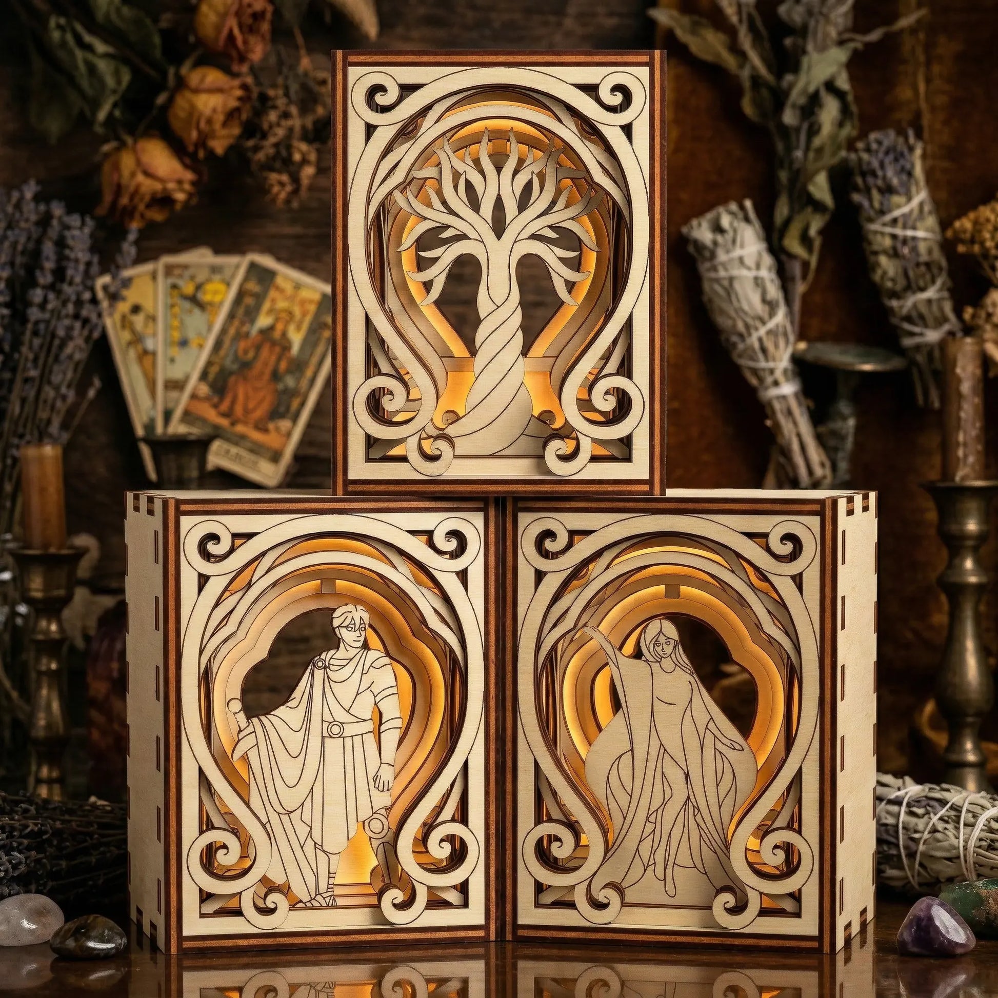 Decorative fantasy wooden boxes with intricate carvings on a mystical background
