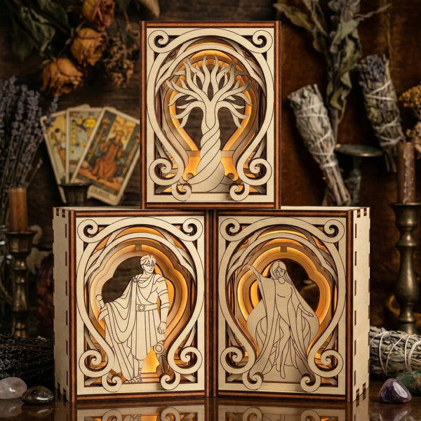 Decorative fantasy wooden boxes with intricate carvings on a mystical background