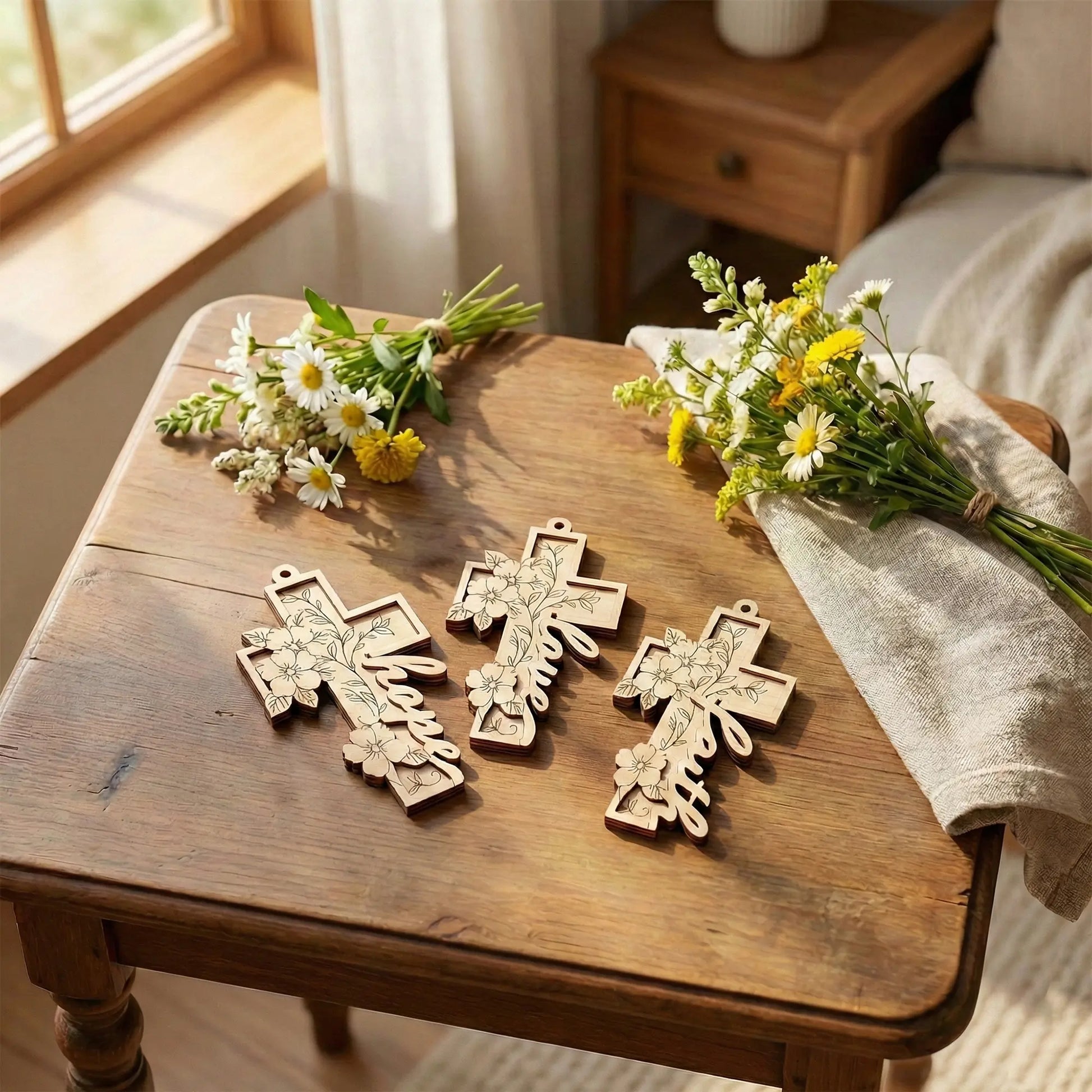 Decorative laser cut crosses on a wooden table with flowers in a home setting.