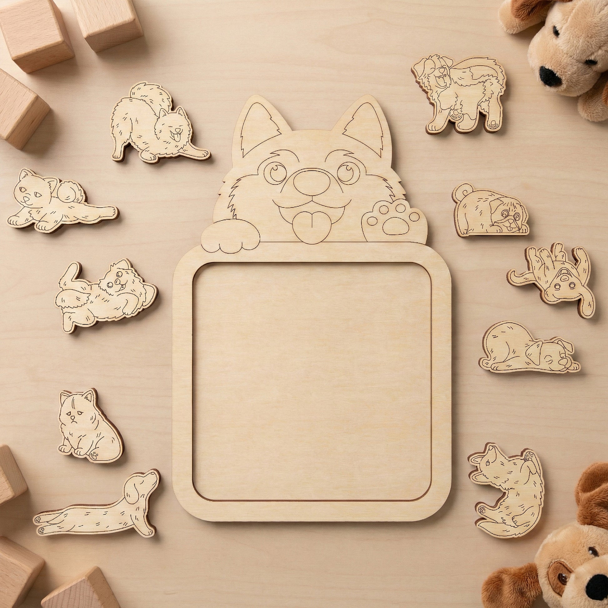 Wooden vector dog cutouts with a central frame on a beige surfaceplywood laser cut project