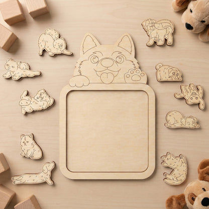 Wooden vector dog cutouts with a central frame on a beige surfaceplywood laser cut project