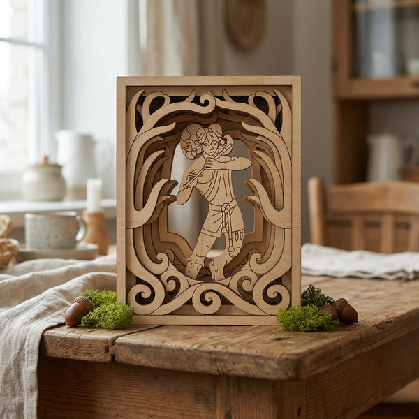 Wooden decorative laser cut Faum book nook with intricate carvings on a wooden surface.
