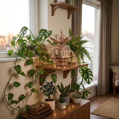 Indoor setting with plants and decorative laser cut fairy house on a wooden shelf.