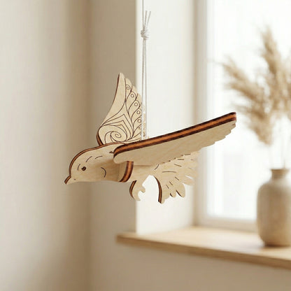 Wooden laser cut bird ornament hanging on a shelf with a neutral background